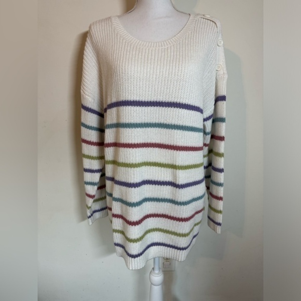 Cj banks 1X White Multi‎ Color Striped Shoulder Button Sweater NWT